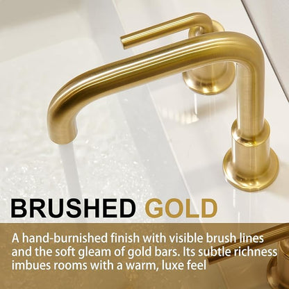 Brushed Gold Bathroom Faucet 3 Hole, Solid Brass Bath Faucet | 8 Inch Widespread Bathroom Faucet Brass Gold 2 Handle Bathroom Sink Faucet with Drain Assembly Supply Line, BF503-SG