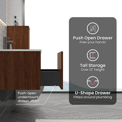30" Bathroom Vanity with Sink, Modern Floating Vanity with Push Open Soft Close Drawer, Large Storage for Small Space, Walnut, Fully Assembled - Camellia Collection