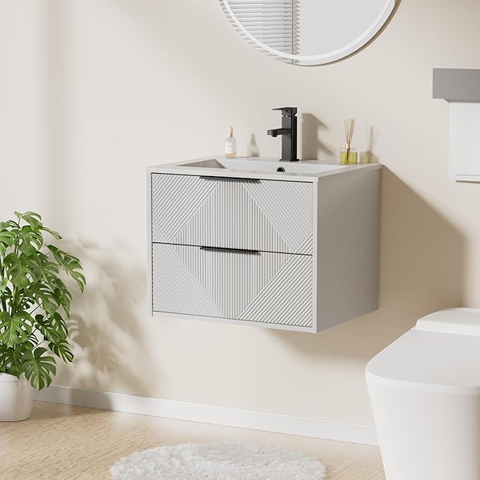 LUCKWIND 24" Floating Bathroom Vanity with Sink Combo, Wall Mounted Floating Cabinet with 2 Large Soft-Close Drawers & Water Saving Faucet, Geometric Textured Design in White