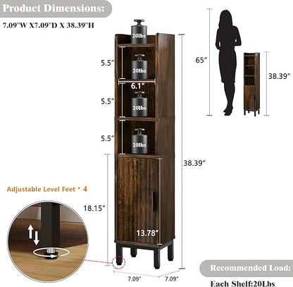 Narrow Bathroom Storage Cabinet, Corner Toilet Paper Floor Cabinet 5 Tiers with Door and Shelves,Bathroom Organizer with Adjustable Shelf, for Small Spaces(Rustic Brown)