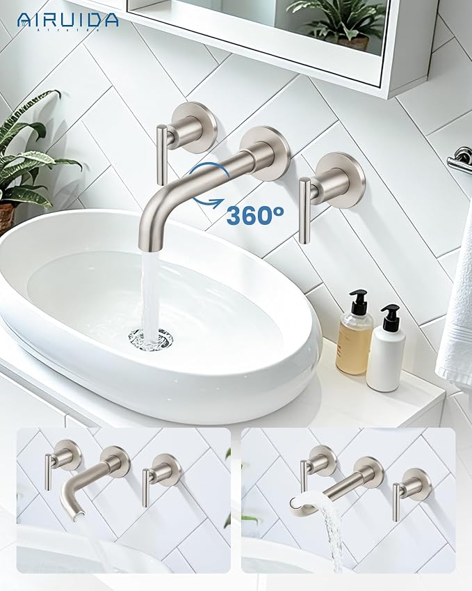 Airuida Wall Mounted Bathroom Sink Faucet,Brushed Nickel Vanity Sink Faucet | Lever Handle,3 Holes,360° Widespread Swivel Spout,Rotatable Bathroom Faucet