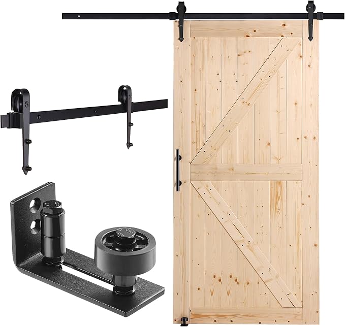 VEVOR 42in x 84in Sliding Barn Door with 7ft Barn Door Hardware Kit Included & Handle, Water-Proof Solid Wood, Easy Assembly, for Interior Rooms & Storage Closet, K-Frame, DIY, Stainable, Natural