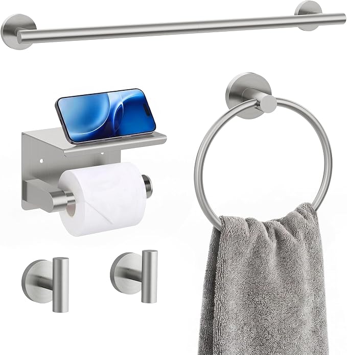 5-Piece Brushed Nickel Bathroom Towel Bar Set,24" Bathroom Hardware Kit | Total 26 Inch Towel Racks for Bathroom Wall Mounted,SUS304 Stainless Steel Towel Bar for Bathroom, Kitchen, Laundry