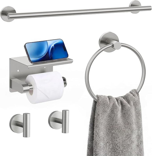 5-Piece Brushed Nickel Bathroom Towel Bar Set,24" Bathroom Hardware Kit | Total 26 Inch Towel Racks for Bathroom Wall Mounted,SUS304 Stainless Steel Towel Bar for Bathroom, Kitchen, Laundry