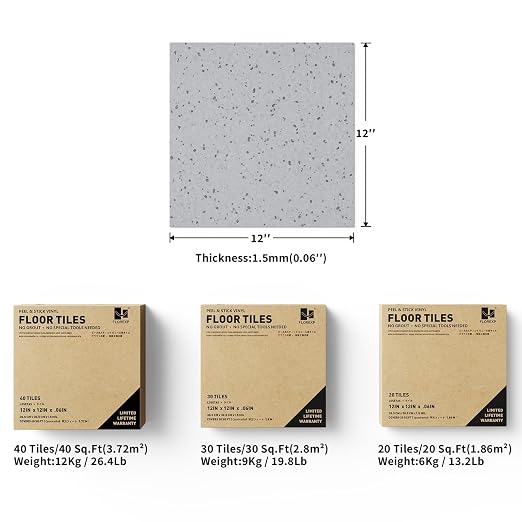 Vinyl Flooring - 12×12 inch Floor Tiles, 20 Packs Stick on Floor Tiles, 1.5mm Thick,Unique Self Adhesive Flooring for Dining Room, Kitchen,Bathroom(1.86m²,Grey Speckle)