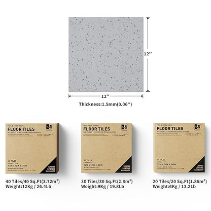 Vinyl Flooring - 12×12 inch Floor Tiles, 20 Packs Stick on Floor Tiles, 1.5mm Thick,Unique Self Adhesive Flooring for Dining Room, Kitchen,Bathroom(1.86m²,Grey Speckle)