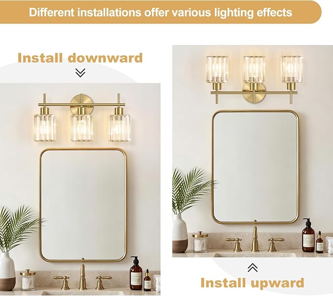 Brushed Gold Bathroom Light Fixtures, Square, 3-Light | Vanity Lights with Crystal Shades, Modern Bathroom Lighting Fixtures over Mirror (Bulbs Not Included, E26)