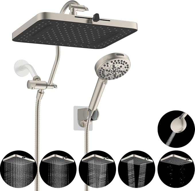 Hibbent 13'' 5-spray Rain Shower Head, 10-Spray Handheld, Brushed Nickel | cUPC Certified High Pressure Dual Showerhead Combo, Upgraded Rainfall Shower Head, 12'' Extension Arm, 71'' Hose & Holder