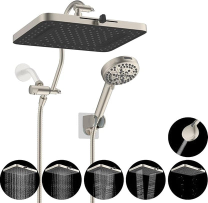 Hibbent 13'' 5-spray Rain Shower Head, 10-Spray Handheld, Brushed Nickel | cUPC Certified High Pressure Dual Showerhead Combo, Upgraded Rainfall Shower Head, 12'' Extension Arm, 71'' Hose & Holder