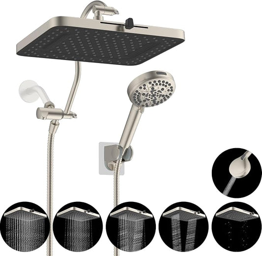 Hibbent 13'' 5-spray Rain Shower Head, 10-Spray Handheld, Brushed Nickel | cUPC Certified High Pressure Dual Showerhead Combo, Upgraded Rainfall Shower Head, 12'' Extension Arm, 71'' Hose & Holder