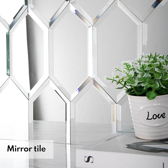 Peel and Stick Beveled Mirror Tile, Mirror Backsplash for Kitchen Bathroom Wall, 4x7.87 Inches Hexagon, Silver (30 Pcs, 4.8 SQ.FT.)