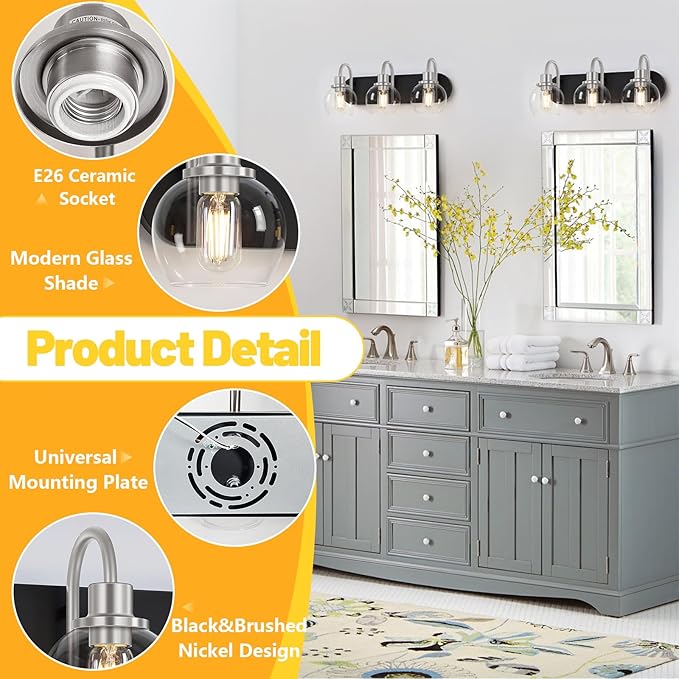 Modern 3-Light Vanity Light, Bathroom Lighting Fixture Over Mirror With Clear Glass Shade and Metal Base, Matte Black and Brushed Nickel