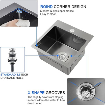18"x18" Drop-In Single Bowl Sink 18 Gauge 304 Black Steel 1-Hole | 18 inch Black Drop-in Sink | 9" Deep Basin | Topmount/Overmount | 1-hole | Single Bowl | Small Kitchen/Wet Bar