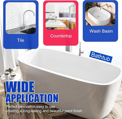 Tub and Tile Refinishing Kit - 35oz Semi-Gloss White Tile Paint with Tools for Bathtub Sink Countertop for Bathroom Kitchen, Bathtub Paint for Ceramic, Porcelain Fiberglass, Low Odor, 50-60 sq.ft