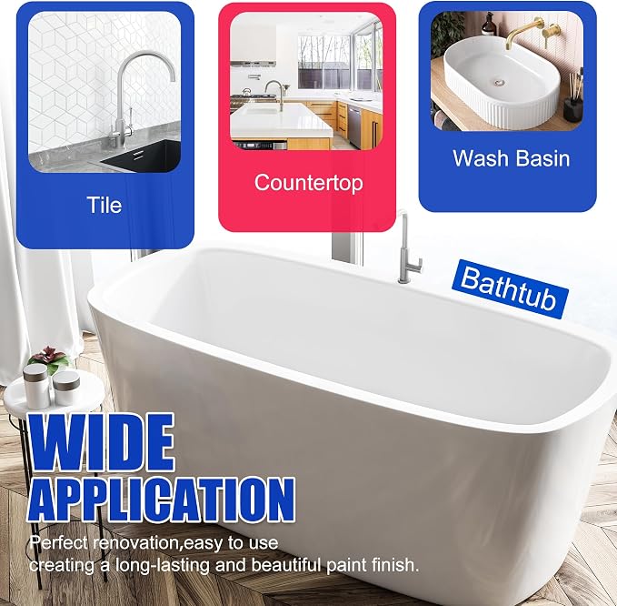 Tub and Tile Refinishing Kit - 17oz Semi-Gloss White Tile Paint with Tools for Bathtub Sink Countertop for Bathroom Kitchen, Bathtub Paint for Ceramic, Porcelain Fiberglass, Low Odor, 25-30 sq.ft