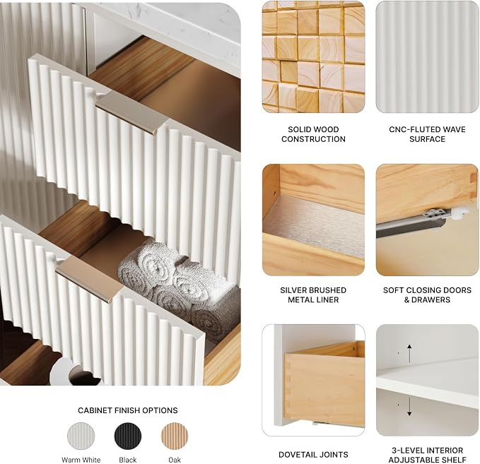 ARIEL Milan 72-inch Bathroom Vanity with Sink,Solid Wood, 1.5-inch Italian Carrara Marble Countertop, Double Rectangular Porcelain Sink, 4 Soft Closing Doors, 3 Dovetail Drawers, Warm White