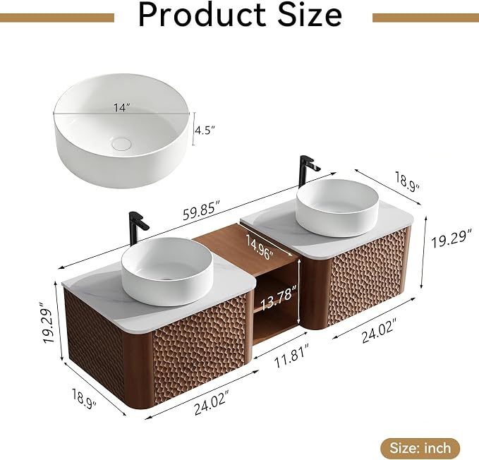 60 Inch Double Vanity with Sink Set, Floating Bathroom Sink Cabinet with Sintered Stone Top&Solid Wood Hammered Frame, Double Bathroom Vanities w/Soft-Close Drawers&1 Side Open Cube