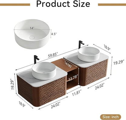 60 Inch Double Vanity with Sink Set, Floating Bathroom Sink Cabinet with Sintered Stone Top&Solid Wood Hammered Frame, Double Bathroom Vanities w/Soft-Close Drawers&1 Side Open Cube