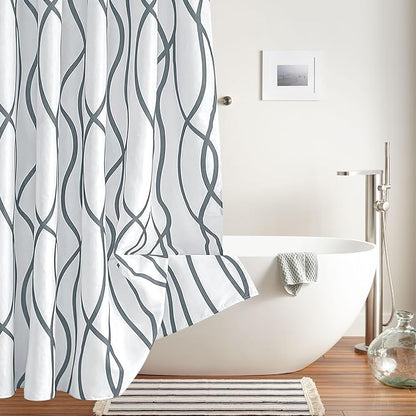 Fabric Modern Shower Curtain-Dark Grey & White Shower Curtains for Bathroom | 72"W x 72"L Textured Faux Linen Luxury Hotel Quality Washable-Abstract Wavy Cloth Bath Curtain-Apartment Minimalist Decor