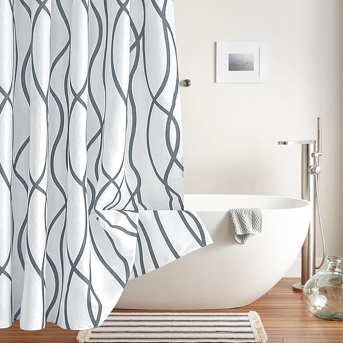 Fabric Modern Extra Long Shower Curtains for Bathroom-Dark Grey and White | 72"W x 84"L Textured Faux Linen Luxury Hotel Quality Washable-Abstract Wavy Cloth Bath Curtain-Apartment Minimalist Decor