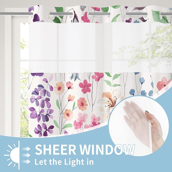 No Hook Colorful Watercolor Floral Shower Curtain and Liner Set, 72x86 | Spring Flower Shower Curtains with Snap-in Liner for Farmhouse Bathroom Decor, Botanical Bathroom Curtain with Leaves