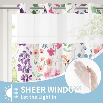No Hook Colorful Watercolor Floral Shower Curtain and Liner Set, 72x86 | Spring Flower Shower Curtains with Snap-in Liner for Farmhouse Bathroom Decor, Botanical Bathroom Curtain with Leaves