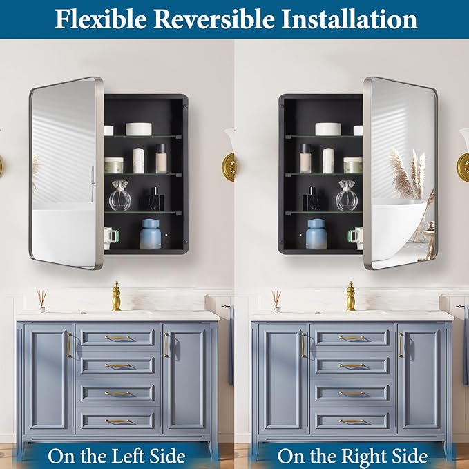 16’’x20’’ Medicine Cabinet,Metal Framed Medicine Cabinet Mirror with Round Corner,Recessed and Surface Mount Bathroom Mirror with Storage, Removeable Shelves,Sliver