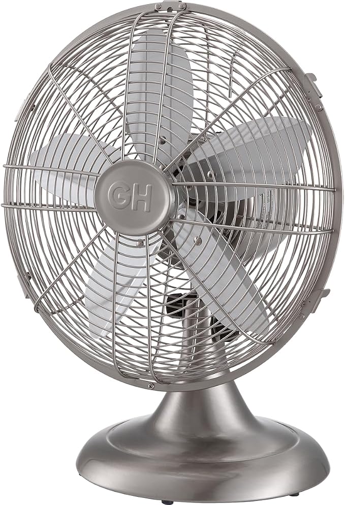 Good Housekeeping (92605) All-Metal 12" Retro Desk Office Table Fan with Wide Oscillation, 3-Speed Settings & Carrying Handle (Brushed Nickel)