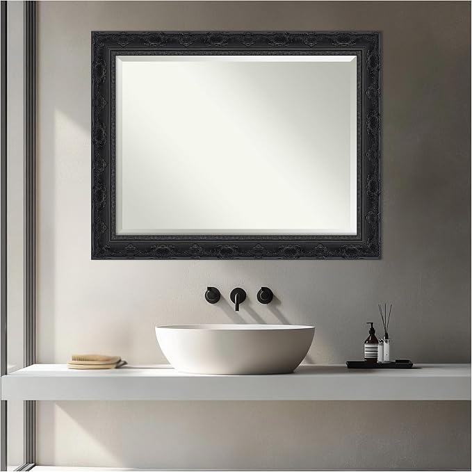 Amanti Art Black Bathroom Mirror for Over Sink, 28x22 Filigree Gloss Black Rectangle Vanity Mirror, Medium Traditional Frame, Hangs Horizonally and Vertically, Bathroom Wall Decor, Beveled Edge