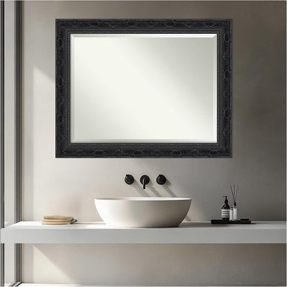 Amanti Art Black Bathroom Mirror for Over Sink, 28x22 Filigree Gloss Black Rectangle Vanity Mirror, Medium Traditional Frame, Hangs Horizonally and Vertically, Bathroom Wall Decor, Beveled Edge