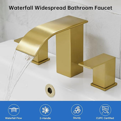 RUMOSE 8 inch Bathroom Faucets Set Brushed Gold Bathroom Sink Faucet 3 Hole with Pop Up Drain Widespread 2 Handles Stainless Steel Lavatory Vanity Faucet Waterfall Spout Deck Mounted