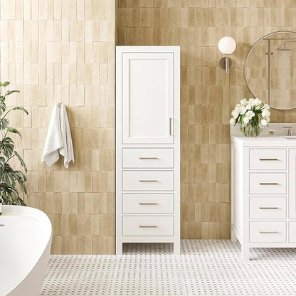 ARIEL Cambridge Bathroom Storage Cabinet - Solid Hevea Wood and Fully Assembled for Long-Lasting Durability and Sophisticated Finish, Freestanding Linen Bathroom Cabinet - 65”H x 20”W x 16”D, White