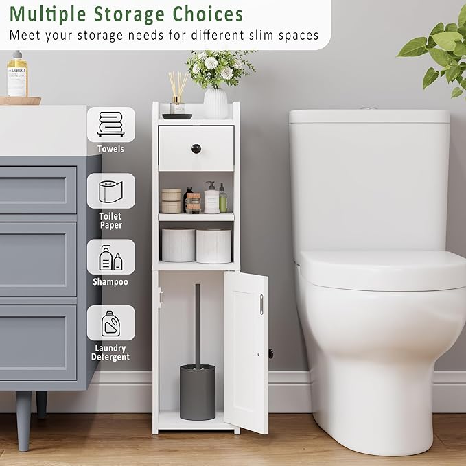 Small Bathroom Storage Cabinet,Narrow Toilet Paper Holder,Corner Floor Cabinet with Doors and Drawer for Small Space,Adjustable Shelf Organizer,7.75L*7.75D*29.6H,White
