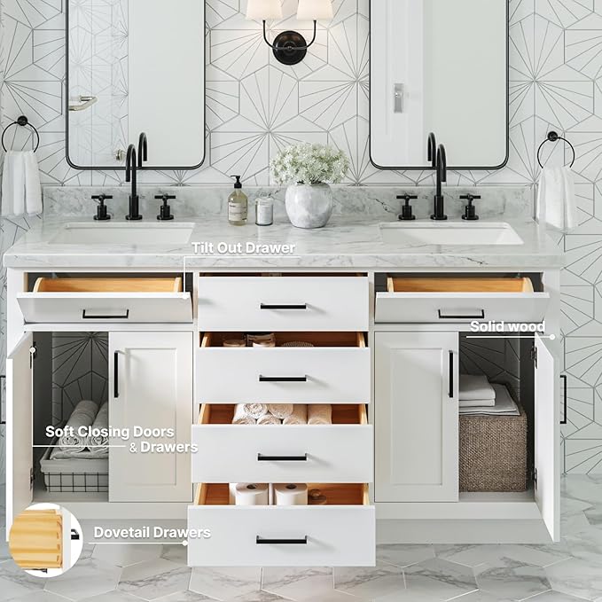 ARIEL Hepburn 66-inch Bathroom Vanity with Sink,Solid Wood, 1.5-inch Italian Carrara Marble Countertop, Double Rectangular Porcelain Sink, 4 Soft Closing Doors, 6 Dovetail Drawers, White