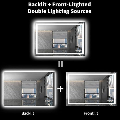 LOAAO 48X36 LED Bathroom Mirror with Lights, Anti-Fog, Dimmable, Backlit + Front Lit, Lighted Bathroom Vanity Mirror for Wall, Shatter-Proof, Memory Function, ETL Listed | Anti-Fog, Dimmable, 3 Color Temperature, Backlit + Front Lit, Memory Function, T...