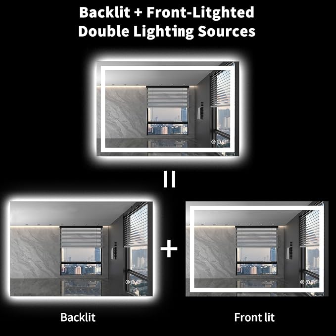LOAAO 48"X32" LED Bathroom Mirror with Lights, UL Listed | Anti-Fog, Dimmable, 3 Color Temperature, Backlit + Front Lit, Memory Function, Tempered Glass