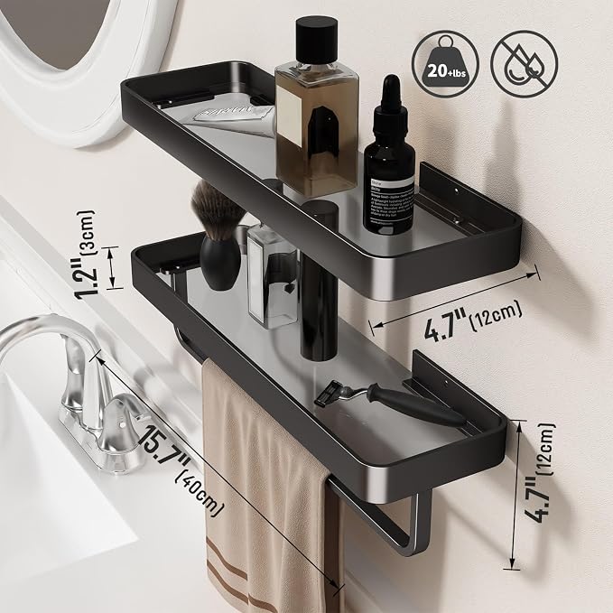 16-Inch Black Floating Bathroom Shelves with Towel Bar， Clear Tempered Glass Wall Shelf 2-Pack – Versatile Bathroom Organizer Set