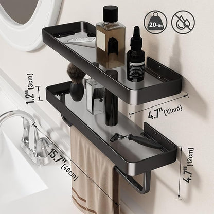16-Inch Black Floating Bathroom Shelves with Towel Bar， Clear Tempered Glass Wall Shelf 2-Pack – Versatile Bathroom Organizer Set