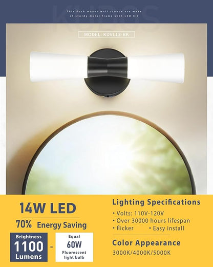 kudos 2 Pack Black Vanity Lights, Milk White Glass, 3CCT, KDVL13-BK-2PK | LED, 14W, 1100 Lumens, 3000K, 4000K and 5000K Selectable, Hardwired,for Bathrooms and Bedrooms