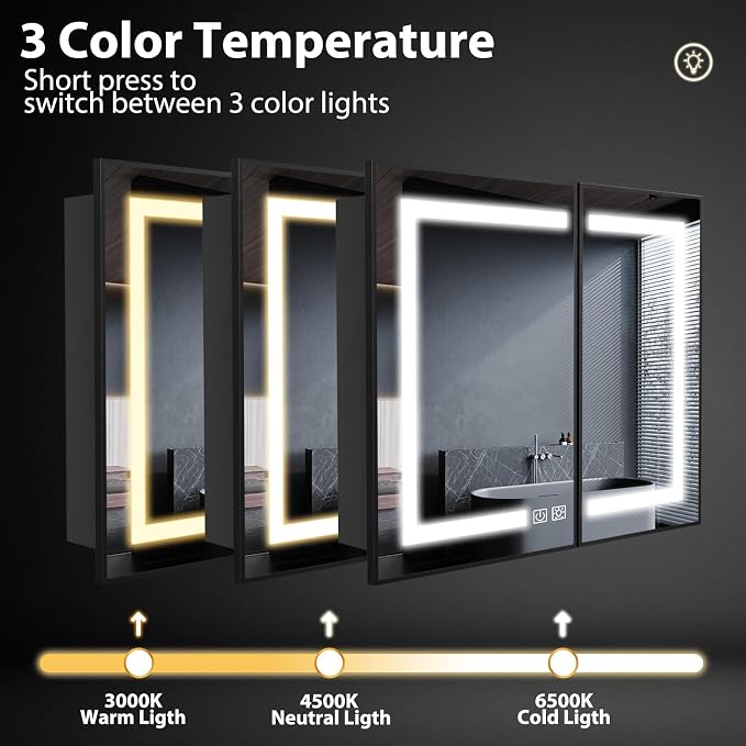 ROOMTEC 36 x 30 Inch Medicine Cabinet Mirror with LED Lights, Black Bathroom Medicine Cabinet with Mirror and Storage, Recessed or Wall Mount, 3 Color Temperature, Dimmable Light