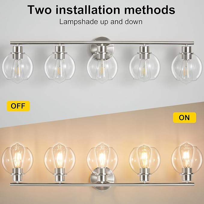 Bathroom Light Fixtures Over Mirror 5-Lights Bathroom Vanity Light with Clear Globe Glass Shade 37.4 inch Modern Brushed Nickel Vanity Lights Wall Sconce Lighting for Bath