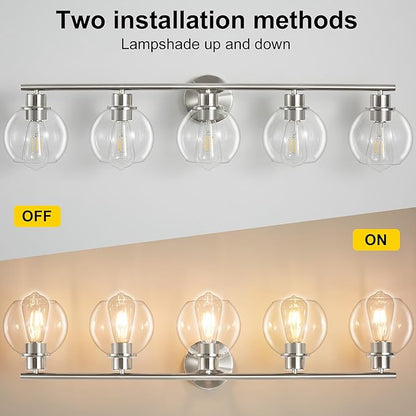 Bathroom Light Fixtures Over Mirror 5-Lights Bathroom Vanity Light with Clear Globe Glass Shade 37.4 inch Modern Brushed Nickel Vanity Lights Wall Sconce Lighting for Bath