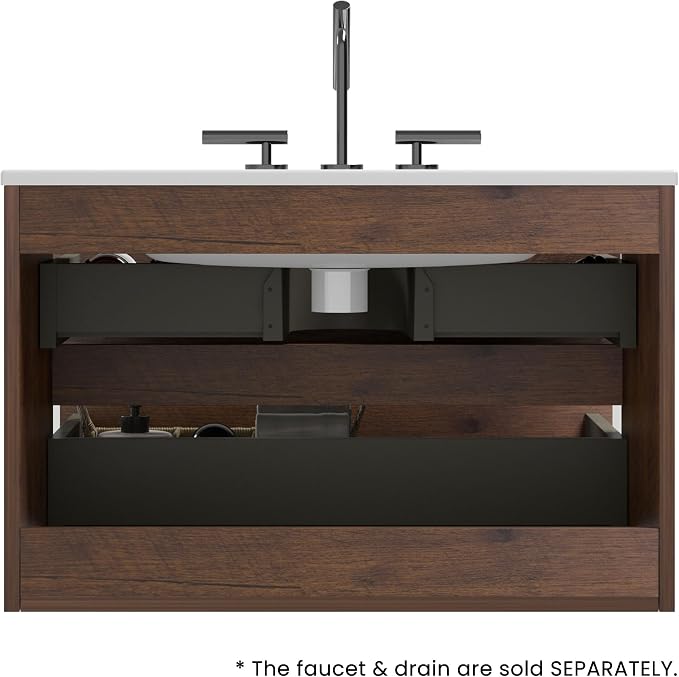 30" Bathroom Vanity with Sink, Modern Floating Vanity with Two Soft-Close Drawers, Large Storage for Small Space, Walnut, Fully Assembled - Iris Collection