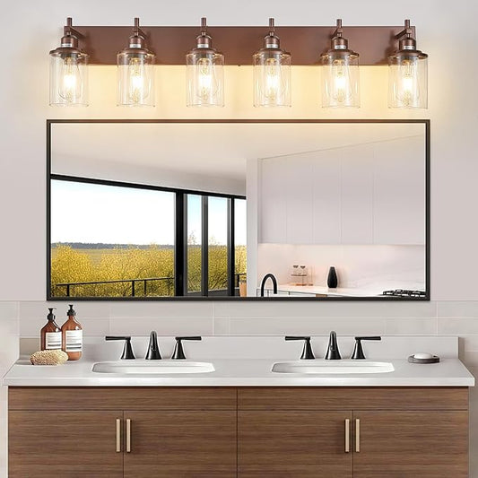 6-Light Bronze Bathroom Light Fixtures Over Mirror,Modern Bathroom Vanity Light with Clear Glass Shade, Wall Sconce for Bathroom Hallway Cabinet Bedroom Kitchen Living Room Foyer E26 Base