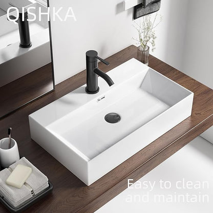 Wall Mount Rectangular Bathroom Sink, QISHKA 24"x14" Modern Ceramic Floating Vessel Sink, White Rectangle Vanity Sink with Overflow, Wall Hung Wash Hand Basin