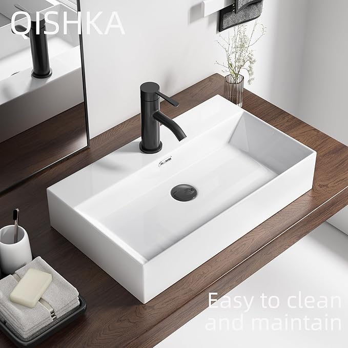 Wall Mount Rectangular Vessel Sink with Towel Rack, QISHKA 24"x14" Modern Ceramic Bathroom Floating Sink, White Rectangle Vanity Sink with Overflow, Wall Hung Wash Hand Basin