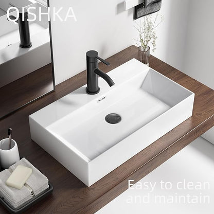 Wall Mount Rectangular Vessel Sink with Towel Rack, QISHKA 24"x14" Modern Ceramic Bathroom Floating Sink, White Rectangle Vanity Sink with Overflow, Wall Hung Wash Hand Basin
