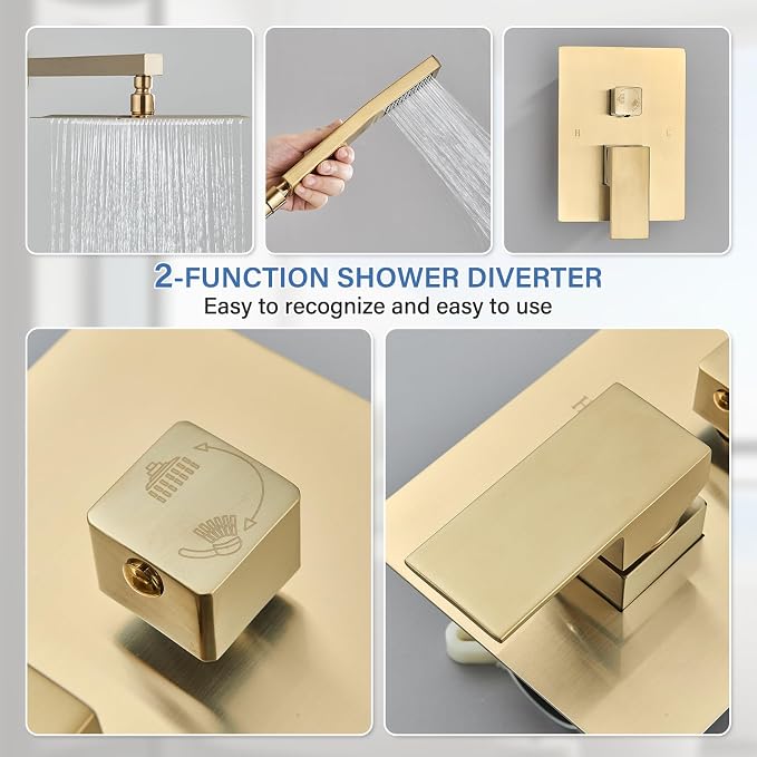 Shower Faucet Rain Shower System with 8 Inches Rainfall Shower Head and Handheld Spray Combo Bathroom Shower Faucet Set Complete Brushed Gold Shower Valve and Trim Kit Wall Mounted