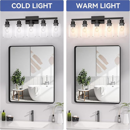 Hasipu 5-Light Black Bathroom Vanity Light Fixtures Over Mirror | HD Clear Glass Shade, Sturdy Rust-Resistant Metal Frame, E26 Socket, Dust-Proof, Easy to Clean, for Bathroom Kitchen Hallway