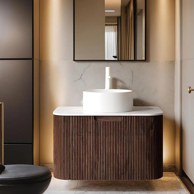 24" Modern Floating Bathroom Vanity with Sink, Wall-Mounted Cabinet with Ultra-Thin Ceramic Basin and Marble Top, Extra Large Storage Drawer, Soft-Close Design, Dark Walnut